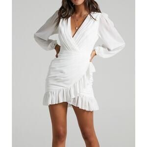 Showpo. Can I Be Your Honey White Mini Dress Plunge Ballon Sleeve NWT Size 4